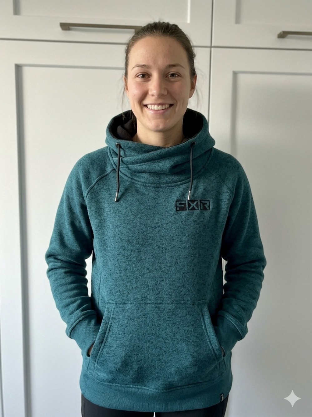 Women's Teal Funnel-Neck Pullover Hoodie